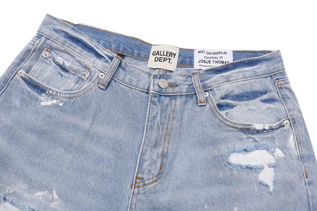 p270 647#Gallery Dept New Washed Blue Destroyed Hole Embroidery Patch Hand-painted Splashed Ink Splicing Micro-Large Jeans Heavy Industry Ox King American High Street Casual Pants Washed Blue S~XL